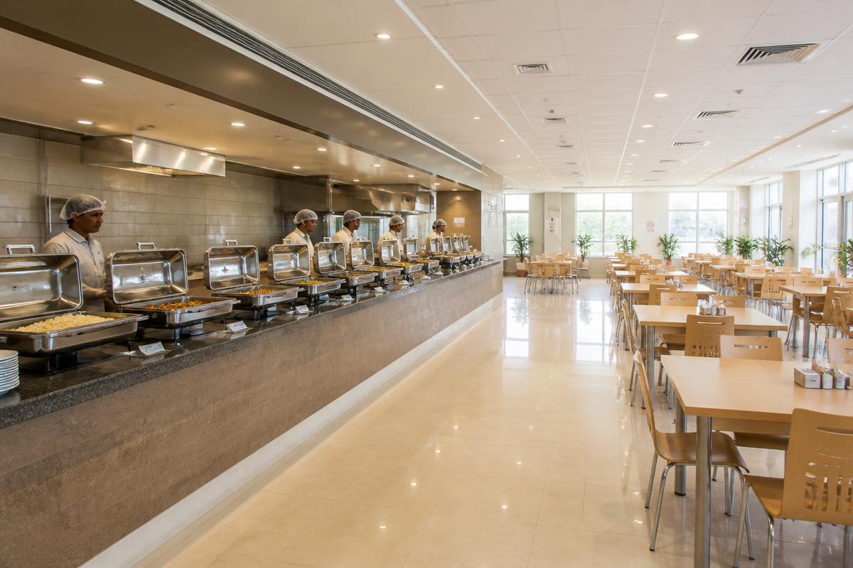 Bright, modern workforce mess hall with buffet counters and dining seating